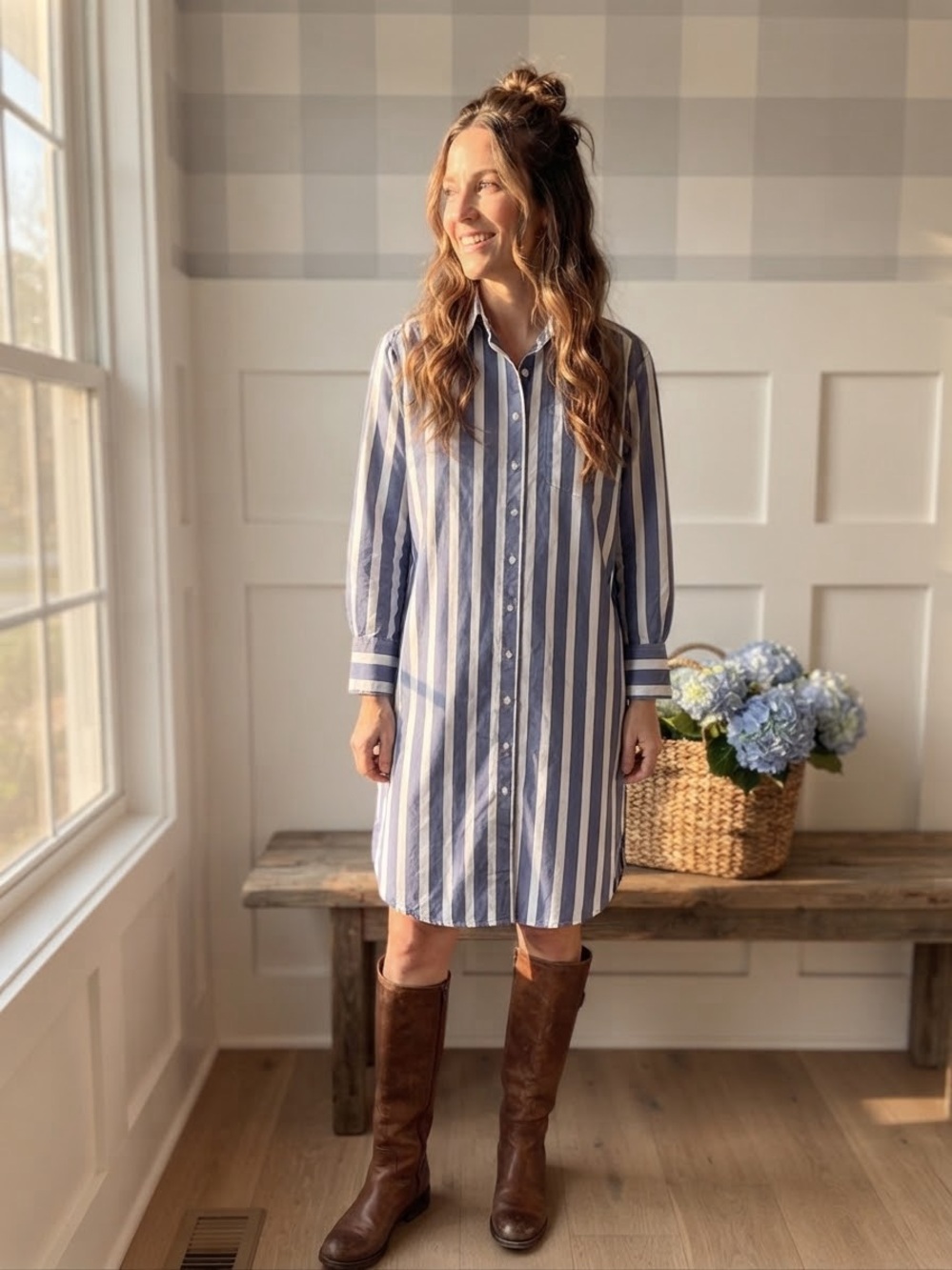 Banana Republic Blue and White Vertical Stripe Midi Shirt Dress Small